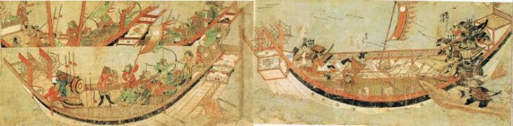 Japanese samurai boarding Yuan ships in 1281.