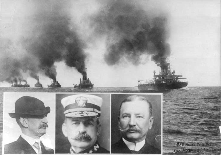 US battleships steaming toward Veracruz following the Tampico Affair. Inset: Appearing in the photograph (left to right): Rear Admiral Henry T. Mayo, Commander of U.S. forces during the Tampico Affair; Rear Admiral Frank F. Fletcher, who commanded the landing to seize Veracruz; Vice Admiral Charles J. Badger, Commander of U.S. Atlantic Fleet in 1914.