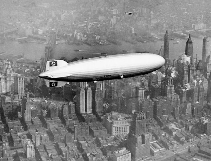 The Hindenburg over Manhattan, New York on May 6, 1937, shortly before its demise