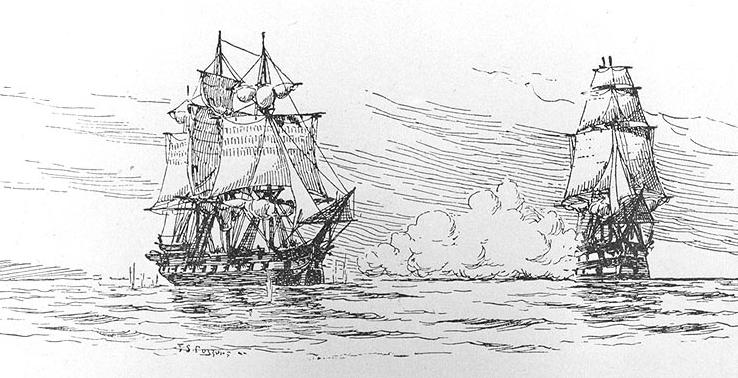 The incident between HMS “Leopard” and USS “Chesapeake” that sparked the Chesapeake-Leopard Affair. Drawn by Fred S. Cozzens and published in 1897.