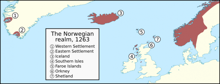 The Norwegian realm in 1263, at about the time of the Battle of Largs.