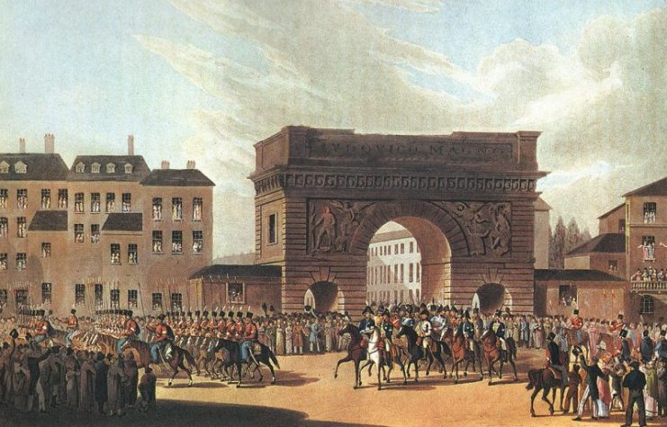 The Russian army enters Paris in 1814.