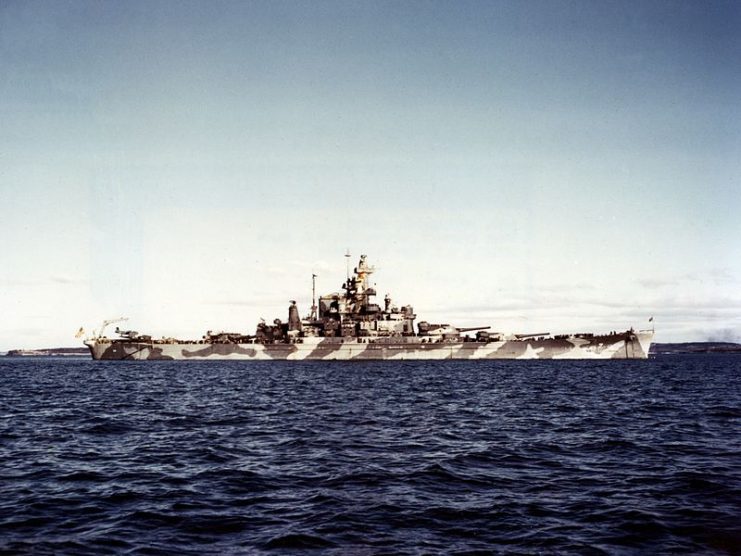 The U.S. Navy battleship USS Alabama (BB-60) in Casco Bay, Maine (USA), during her shakedown period, circa December 1942.