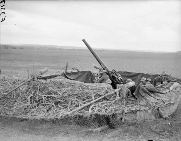 3.7-inch anti-aircraft gun attached to the AASF (Advanced Air Striking Force) near Rheims for airfield defence, 23 March 1940.