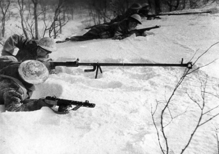 Czechoslovak soldiers training with PTRD-41 Degtyaryov anti-tank rifles and PPSh-41 Shpagin submachine guns