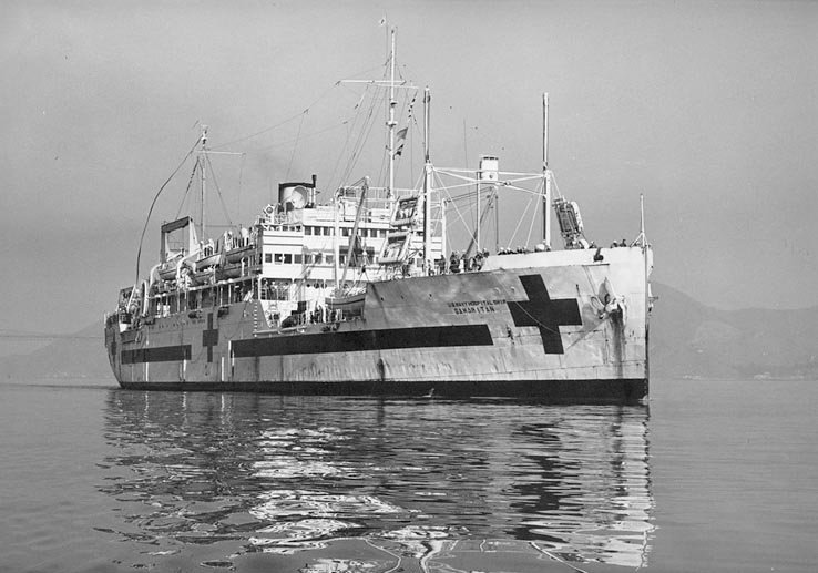 USS Samaritan (AH-10) in San Francisco Bay, late 1945 or early 1946
