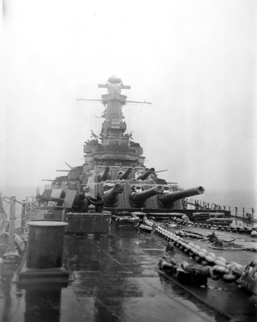 View looking aft from the bow during a snowstorm. Taken during her shakedown cruise, circa January 1943