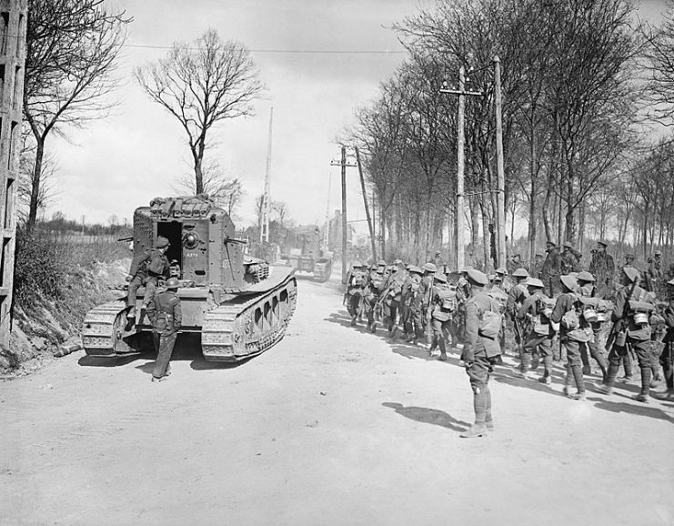 Whippet Tanks of the 3rd Battalion at Maillet-Mailly, some of which had been in action earlier in the day and were the first Whippet Tanks to be used, March 26th, 1918.