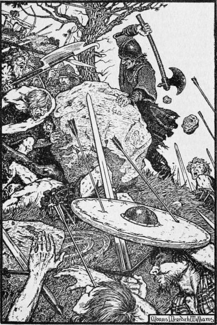 An early twentieth-century depiction of the Battle of the Pass of Brander. The original caption reads: “With Sword and Battle-axe fell upon the Men of Argyle”.