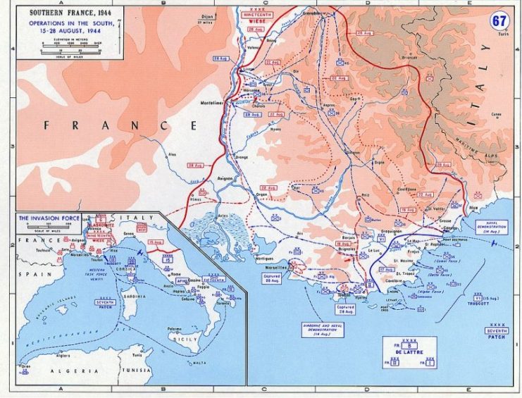 A map showing the Allied amphibious landings and advance in Southern France, as well as German defensive positions.