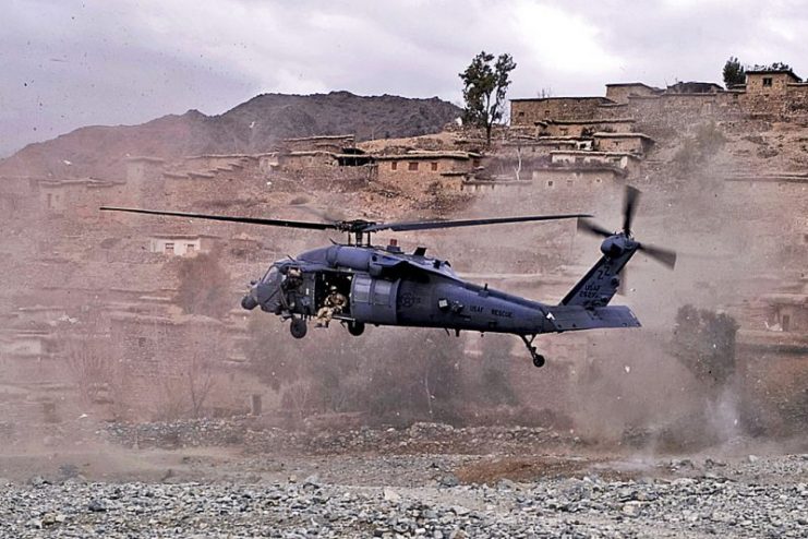 A UH-60 Black Hawk helicopter lands to medically evacuate an Afghan commando injured by insurgent small arms fire in the Sar Kani district of Afghanistan’s Kunar province