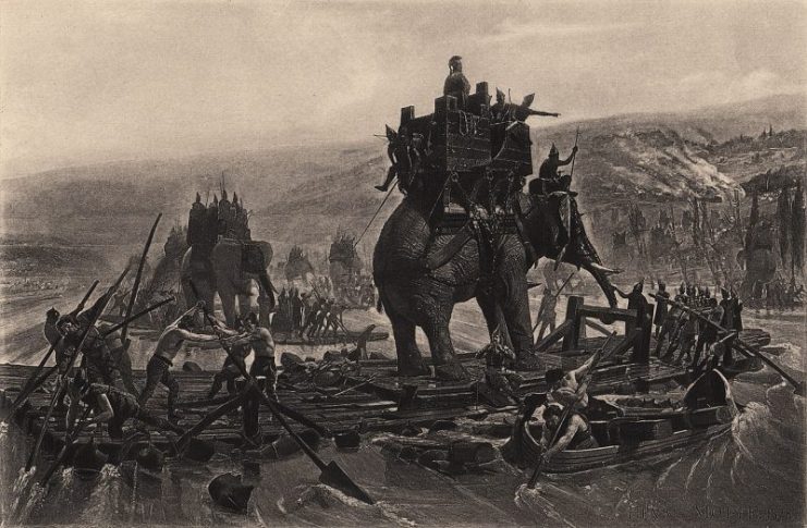 War elephants depicted in Hannibal Barca crossing the Rhône (1878), by Henri Motte.