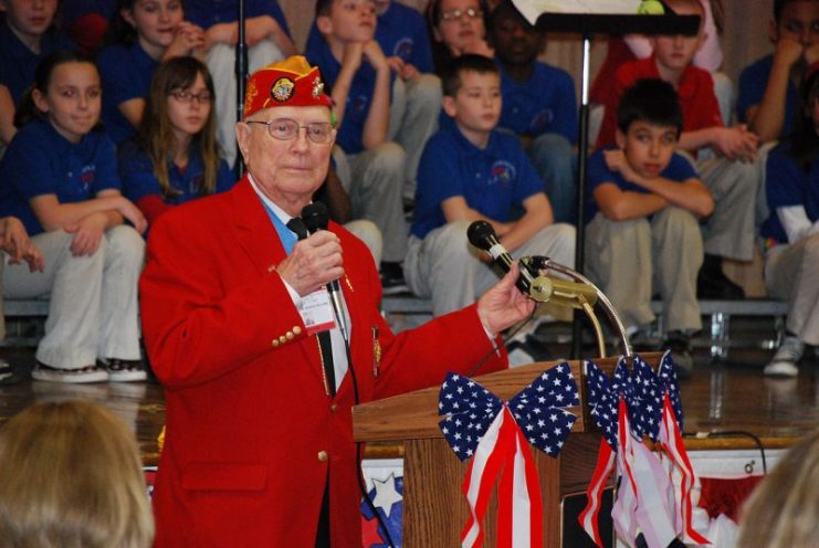 Hershel “Woody” Williams, an Iwo Jima Medal of Honor recipient, speaks during the Iwo Jima Survivors Reunion Luncheon
