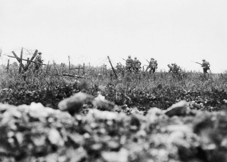 Men of the Wiltshire Regiment attacking near Thiepval, 7 August 1916, during the Battle of the Somme. Photo taken by Ernest Brooks.