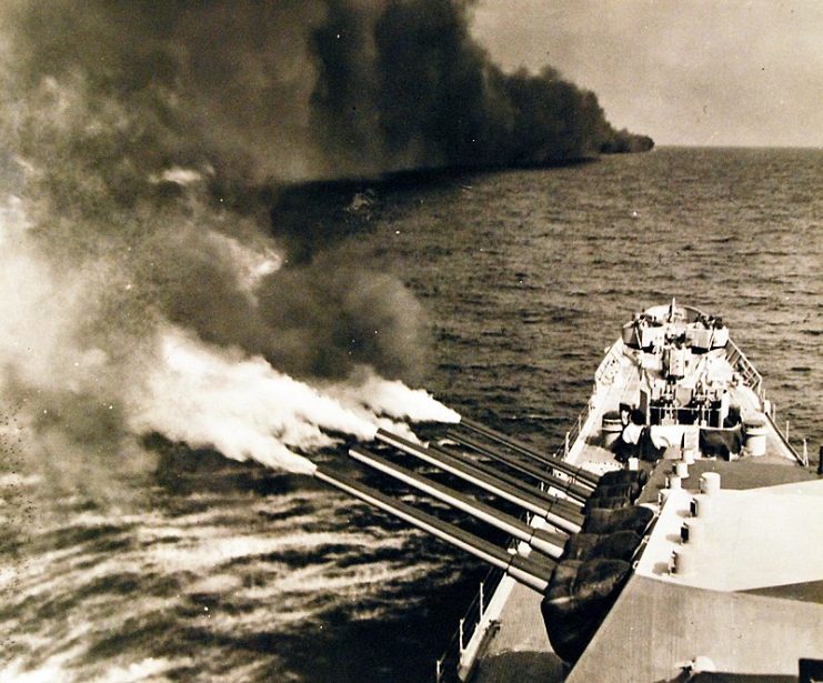 Operation Dragoon, August 1944. USS Quincy (CA 71) firing 6” guns off Toulon, France, August 16 1944.