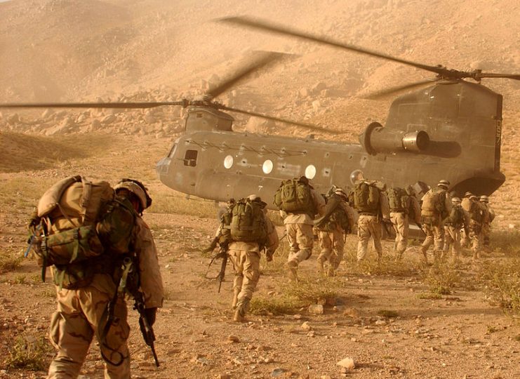 US soldiers boarding a CH-47 Chinook in Afghanistan
