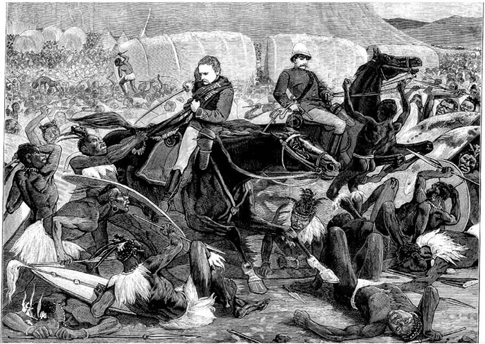 A depiction of Lt’s Melvill and Coghill fleeing the Battle of Isandlwana with the Queen’s Colour, taken from the Illustrated London News.