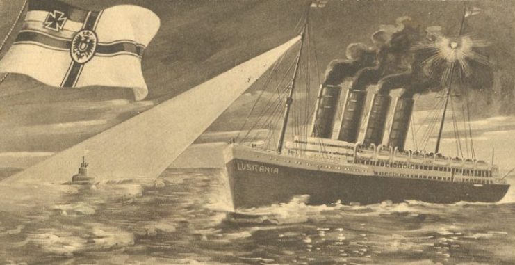 A German postcard depicting the U-boat SM U-20 sinking RMS Lusitania