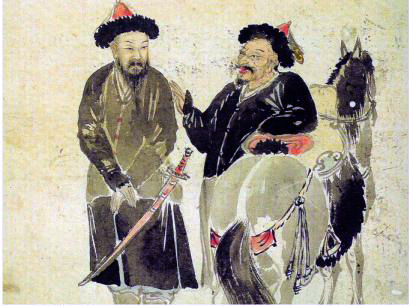A Korean painting depicting two Jurchen warriors and their horses