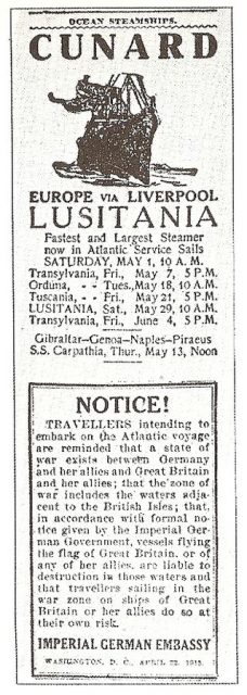 A warning issued by the Imperial German Embassy in Washington about traveling on Britain’s RMS Lusitania.