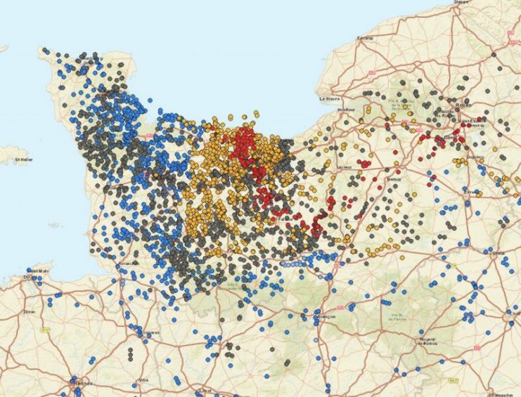 Over 6000 Allied & Axis unit positions mapped at the division to army level. Black-German, Blue-American, Gold-British, Red Canadian.