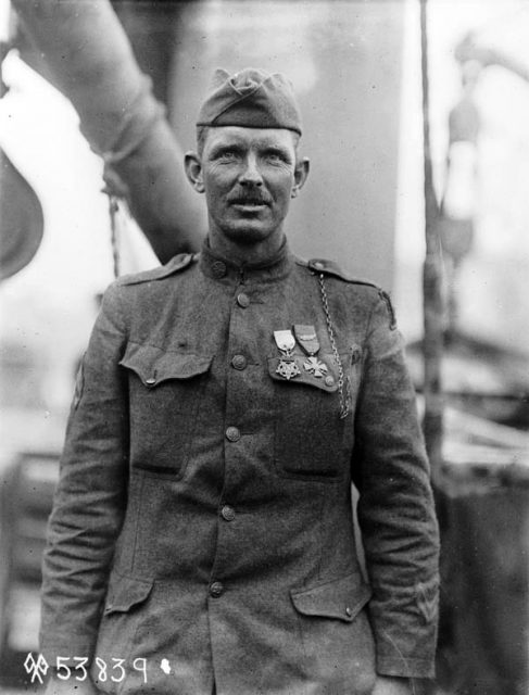 Sergeant Alvin York at his press conference on a deck of USS Ohioan (ID-3280) on 22 May 1919 at New York