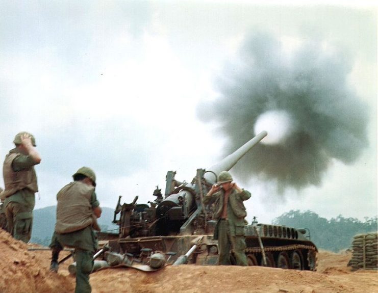 An Army 175-mm M107 at Camp Carroll provides fire support for ground forces