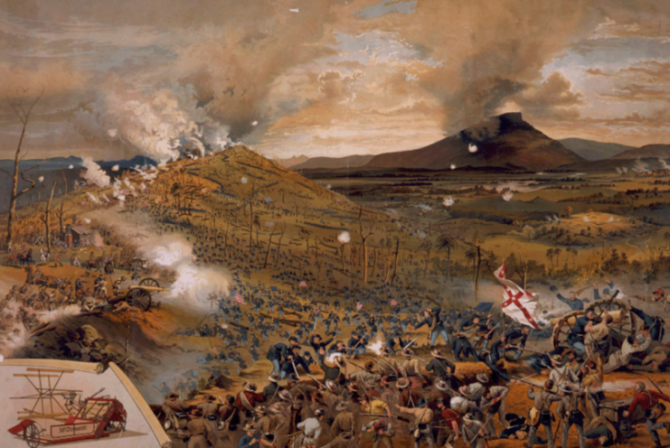 Battle of Missionary Ridge showing the Union assault during the 2nd day of battle; also shown, an insert of McCormick harvesting machine.