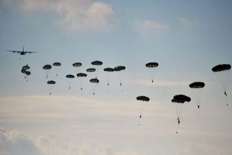 British paratroopers from 3 PARA descend following a drop by a C-130J during Exercise Joint Warrior 12/1.Photo: Mark Owens MOD