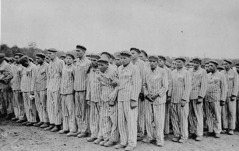 Buchenwald prisoners standing during a roll call.