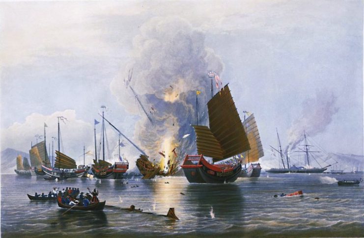 The East India Company steamship Nemesis (right background) destroying Chinese war junks during the Second Battle of Chuenpi, 7 January 1841