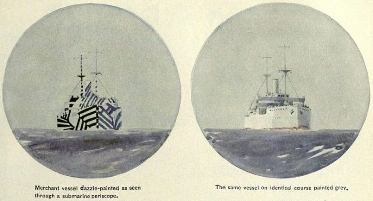 Claimed effectiveness: Artist’s conception of a U-boat commander’s periscope view of a merchant ship in dazzle camouflage (left) and the same ship uncamouflaged (right), Encyclopædia Britannica, 1922. The conspicuous markings obscure the ship’s heading.