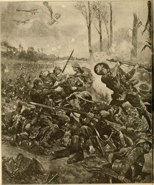 Facing obstructions on their way to closing the gap created by the gas attack, the Canadian 10th Batallion executed an impromptu bayonet charge at Kitcheners’ Wood.
