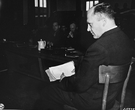 German scientist, Friedrich Hoffman, testifies at the trial of former camp personnel and prisoners from Dachau.