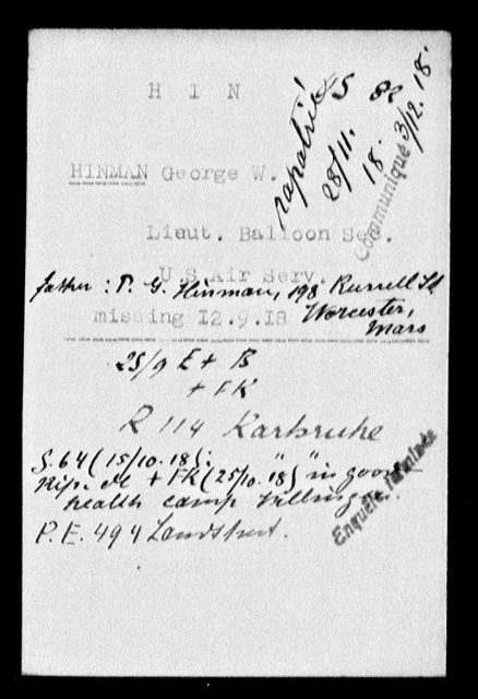 George W. Hinman POW Card. The cards come from the ICRC, 1914-1918 Prisoners of the First World War ICRC Historical Archives, grandeguerre.icrc.org