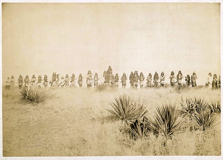 Photo by C. S. Fly of Geronimo and his warriors, taken before the surrender to Gen. Crook, March 27, 1886, in the Sierra Madre mountains of Mexico. Fly’s photographs are the only known images of Indian combatants still in the field who had not yet surrendered to the United States.