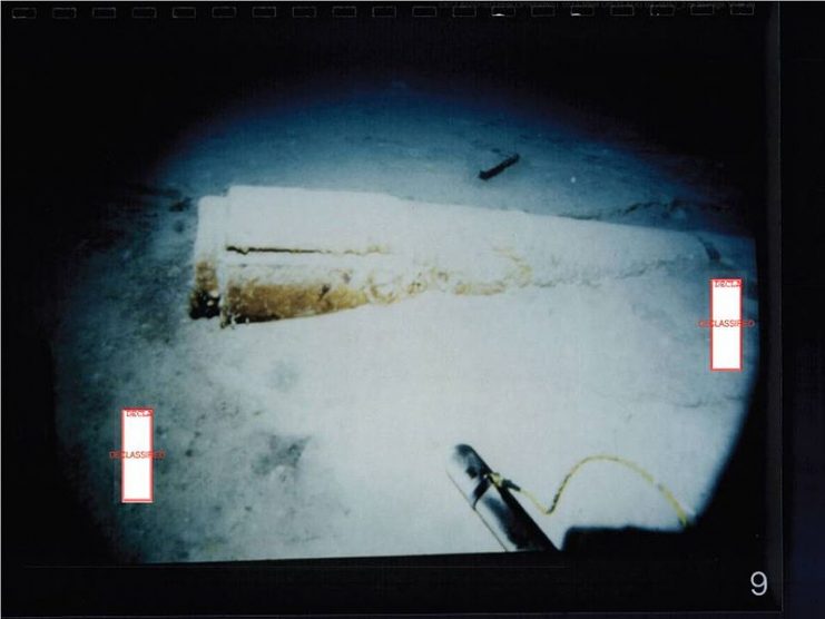 Inboard end of propulsion shaft of USS SCORPION laying on sea floor. Shows locking lip is missing.