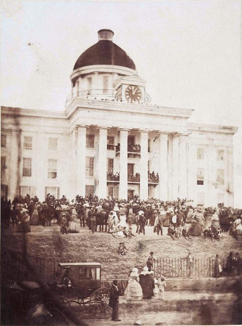 Jefferson Davis is sworn in as Provisional President of the Confederate States of America on February 18, 1861, on the steps of the Alabama State Capitol.