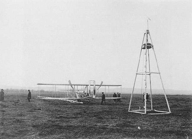Launching derrick and the Wright Model A Flyer February, 1909