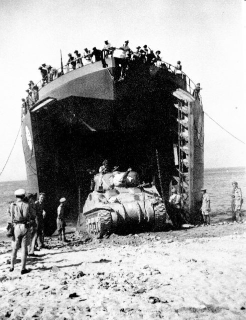 A Canadian LST off-loads an M4 Sherman during the Allied invasion of Sicily in 1943
