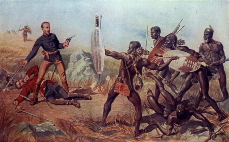 Lts Melvill and Coghill attacked by Zulu warriors.