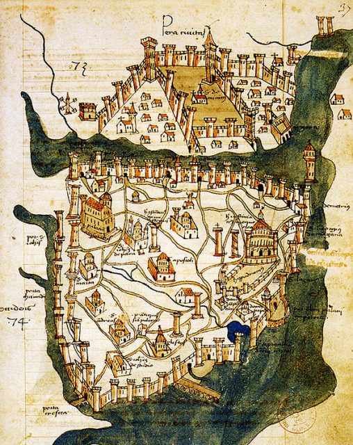 Map of Constantinople (1422) by Florentine cartographer Cristoforo Buondelmonti is the oldest surviving map of the city, and the only one that predates the Turkish conquest of the city in 1453.