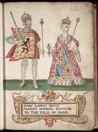 Robert the Bruce and his first wife Isabella of Mar, as depicted in the 1562 Forman Armorial.
