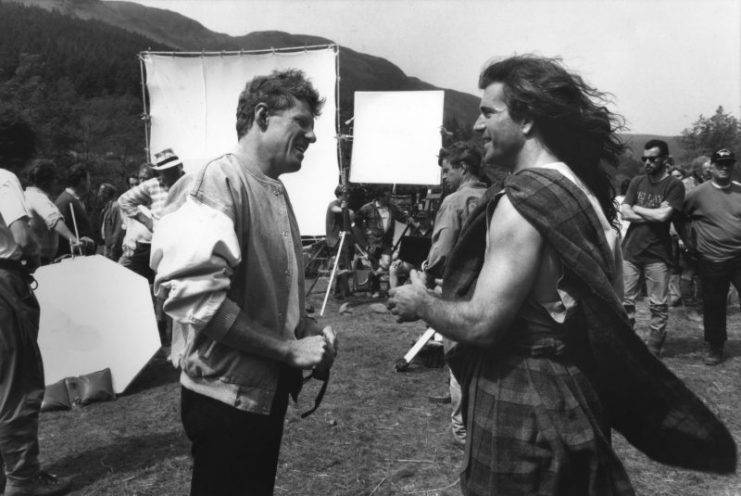 Scott Neeson and Mel Gibson on the set of Braveheart, 1995