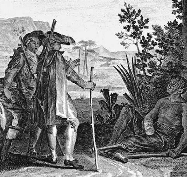 This scene depicts Voltaire’s Candide and Cacambo meeting a maimed slave near Suriname. The caption says, “It is at this price that you eat sugar in Europe”.