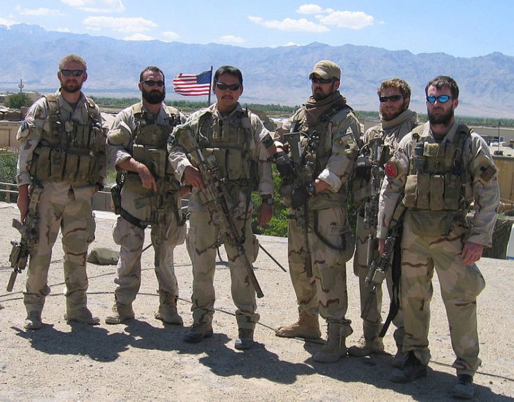 SEALs prior to Operation Red Wings (L to R): Matthew Axelson, Daniel R. Healy, James Suh, Marcus Luttrell, Eric S. Patton, Michael P. Murphy