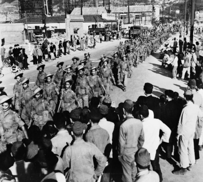 The 2 5th Royal Gurkha Rifles marching through Kure soon after their arrival in Japan in May 1946 as part of the Allied forces of occupation
