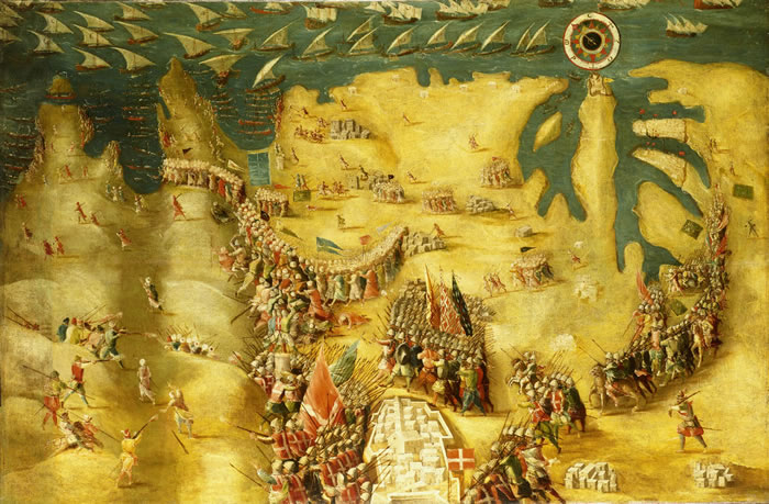 The Siege of Malta – Flight of the Ottomans by Matteo Perez d’Aleccio, showing Don García’s relief force battling the retreating Ottomans.