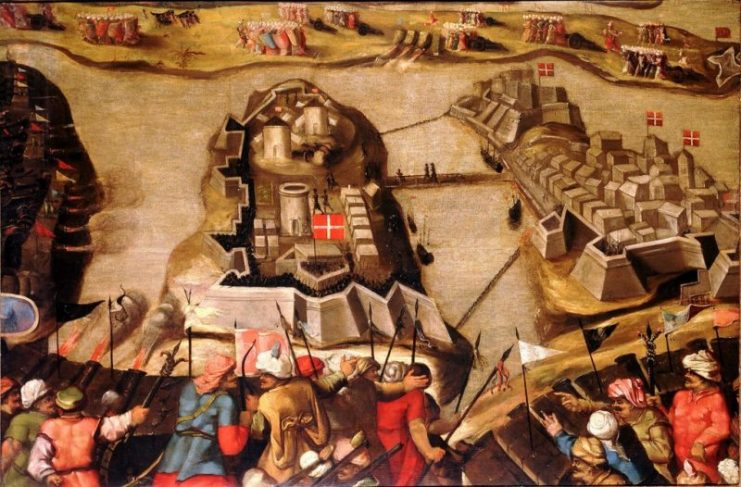 The siege of St Michael, showing the Christian Knights cut off from the sea and surrounded in their remaining fortresses of Birgu, St Angelo and St Michael.