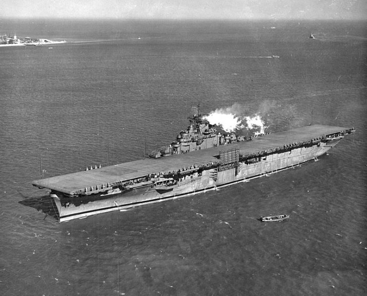 The U.S. Navy aircraft carrier USS Essex (CV-9) at Hampton Roads, Virginia (USA), on 1 Feb 1943.